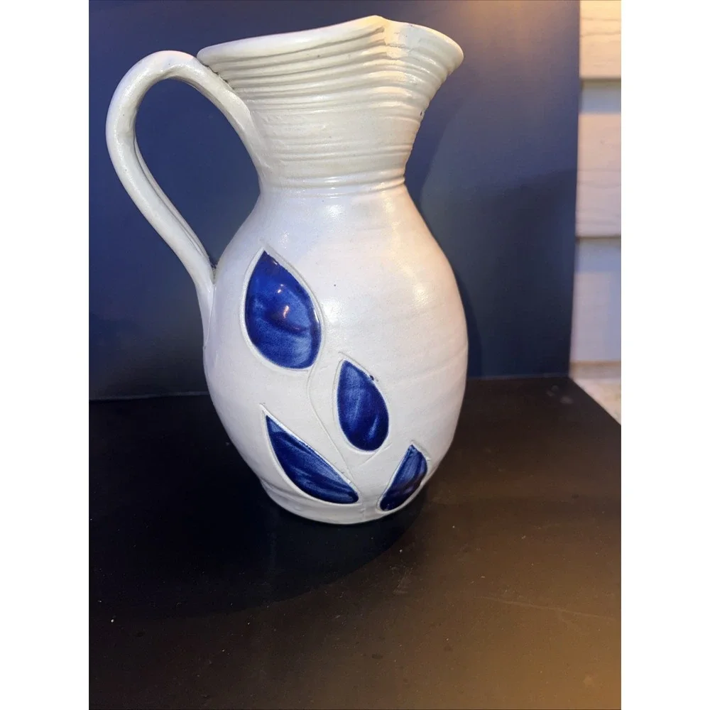 Williamsburg Pottery Pitcher Jug Vase Cobalt Blue Salt Glaze Floral 8.25